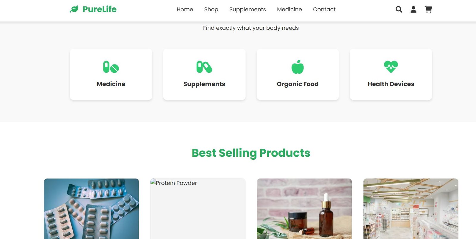 HTML Template for Medicine, Nutrition, and Supplement Grocery Store.