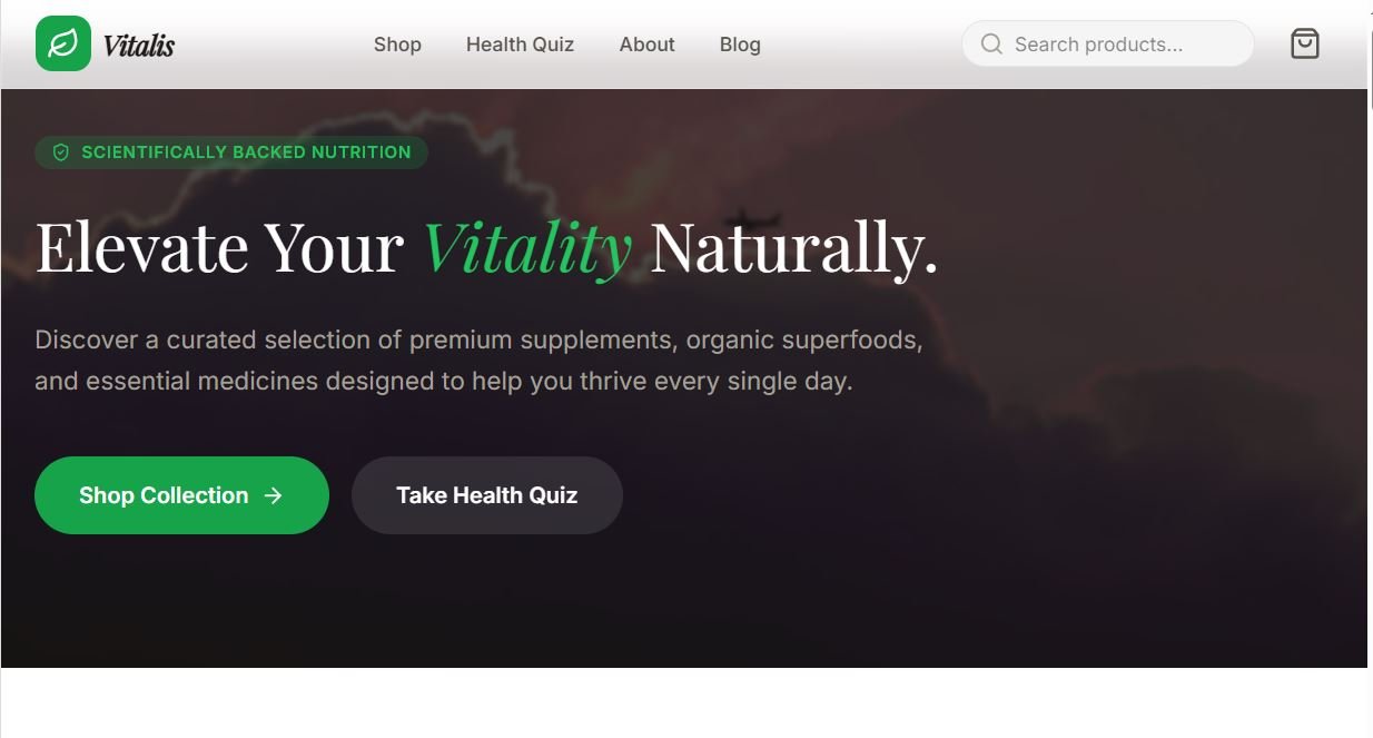 HTML template for a medicine, nutrition, and food supplement store called Vitalis Market.