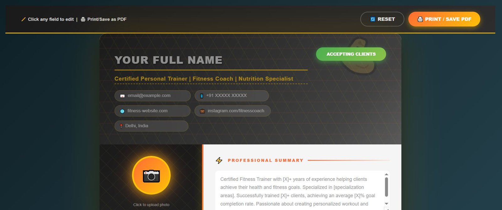 Fitness Trainer CV Template