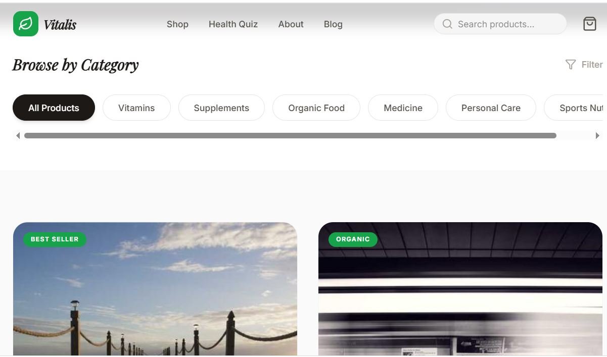 HTML template for a medicine, nutrition, and food supplement store called Vitalis Market. Preview 2