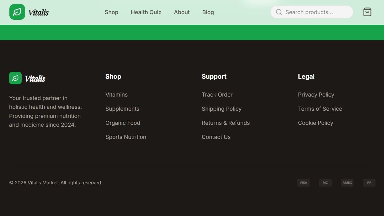 HTML template for a medicine, nutrition, and food supplement store called Vitalis Market. Preview 4